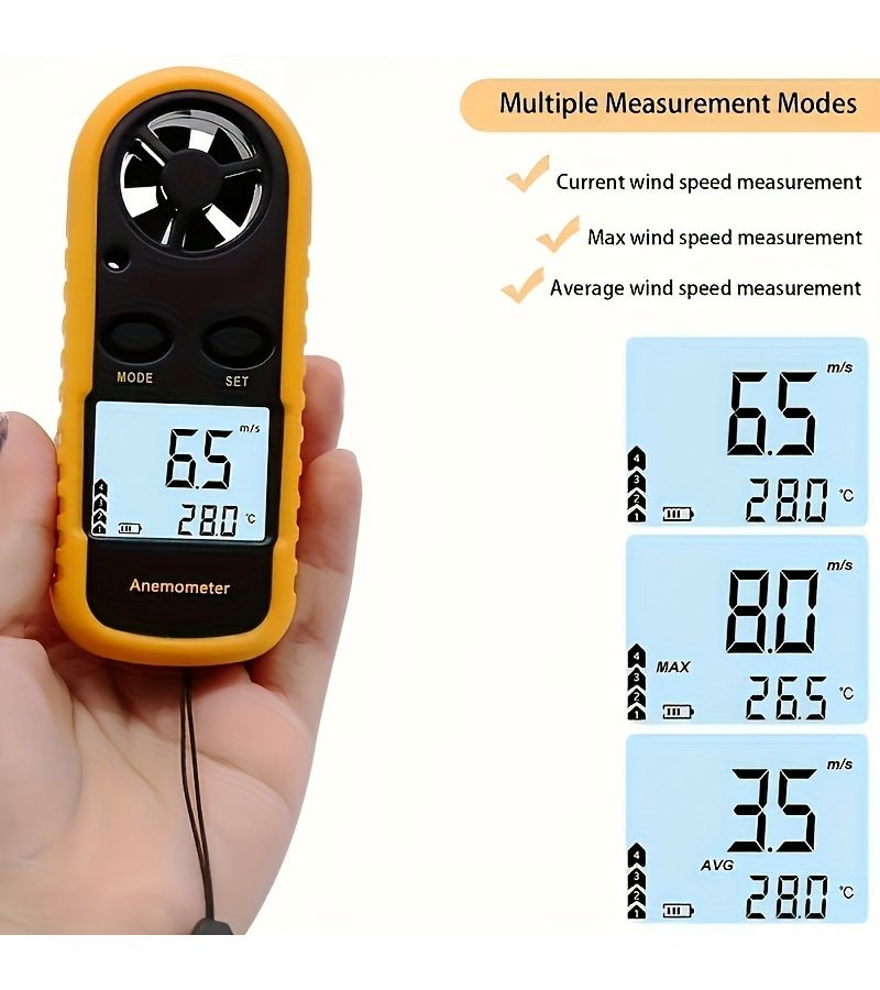 مقياس شدة الرياح الرقمي لسرعة الرياح 0.0 إلى 1181.1 عقدة مع مقياس درجة حرارة وشاشة LCD بإضاءة خلفية - Image 1
