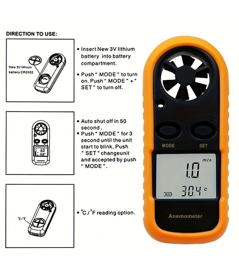 مقياس شدة الرياح الرقمي لسرعة الرياح 0.0 إلى 1181.1 عقدة مع مقياس درجة حرارة وشاشة LCD بإضاءة خلفية - Image 5