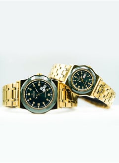 Couples SET Quartz Gold Stainless Steel Band Green Dial Watch 7491