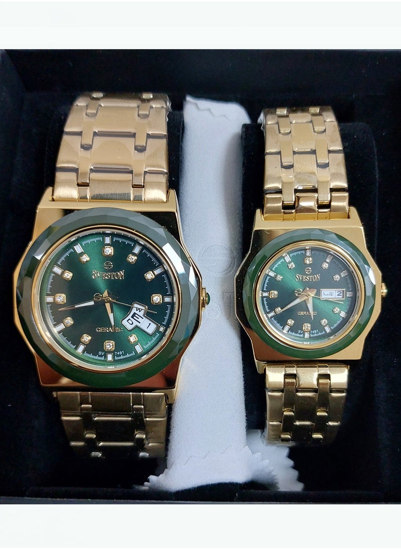 Sveston - Couples SET Quartz Gold Stainless Steel Band Green Dial Watch 7491 - Image 1