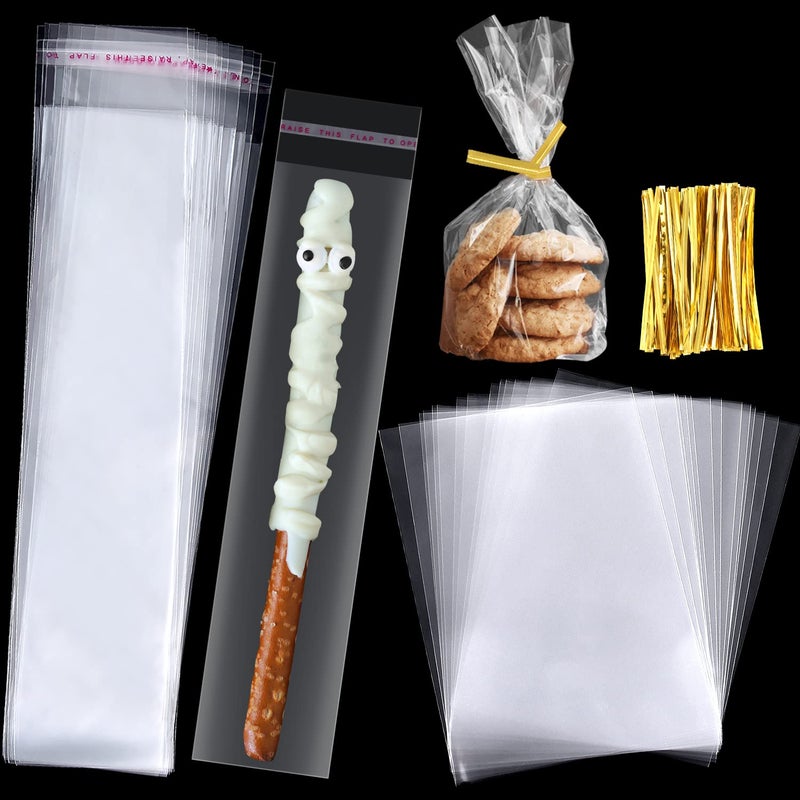 ASTARON 200 Pcs Pretzel Bags with Ties Pretzel Rod Bags Self Adhesive Birthday Party Treat Bags, Pretzels Sticks Individual Clear Cellophane Bags for Cookies Candies - Image 1