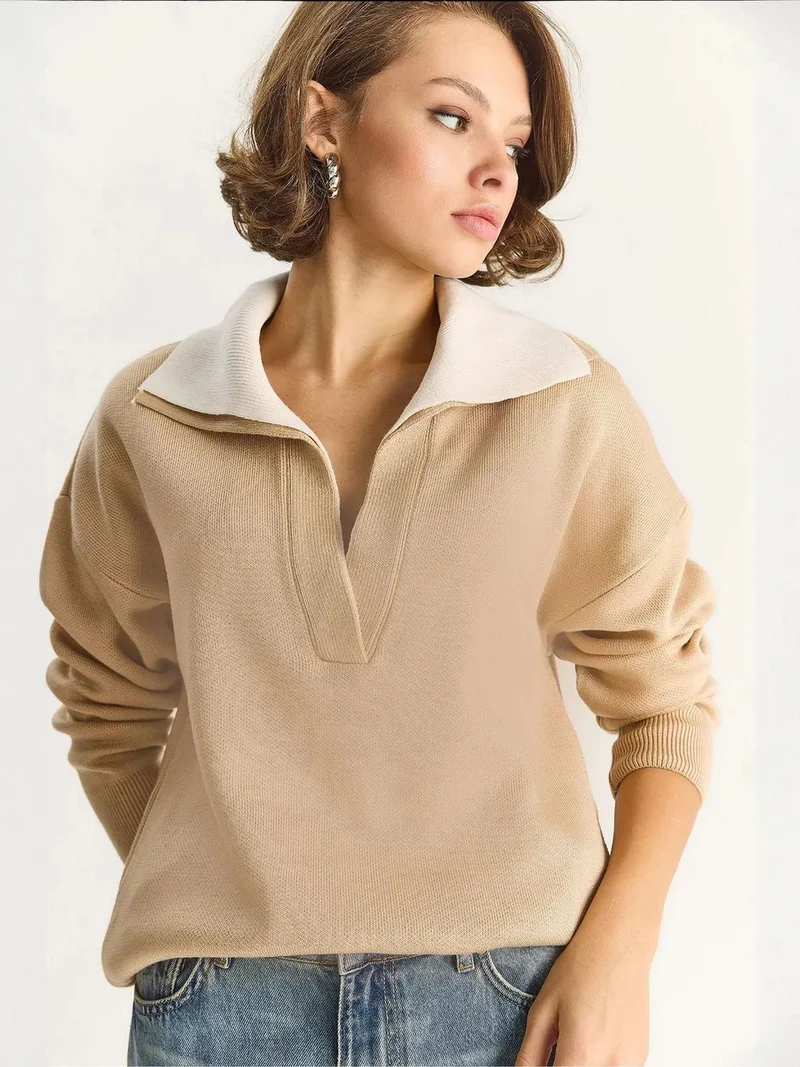 Bianco Lucci LUCCI Ribbed Color Blocked Sweater with Shirt Collar