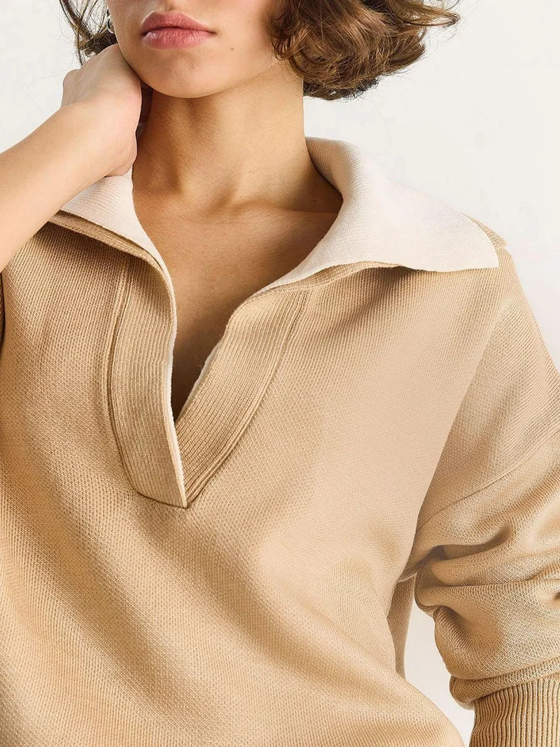 Bianco Lucci LUCCI Ribbed Color Blocked Sweater with Shirt Collar