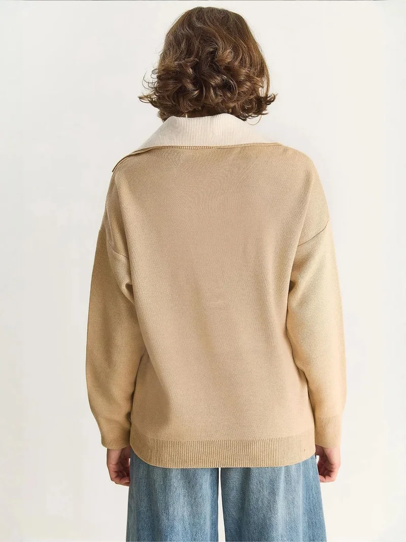 Bianco Lucci LUCCI Ribbed Color Blocked Sweater with Shirt Collar