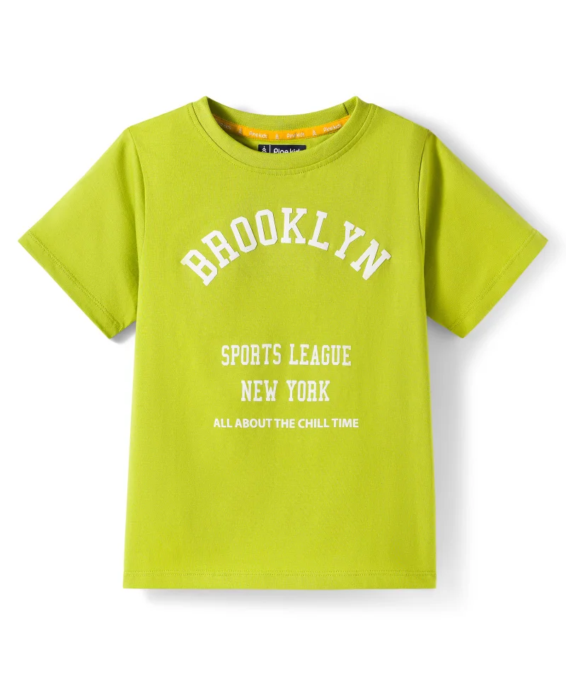 Pine Kids Pine Kids Cotton Knit Half Sleeves T-Shirt with Text Print - Green