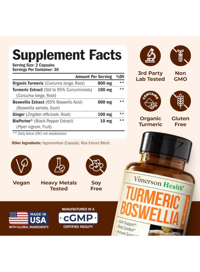 Vimerson Health Turmeric Curcumin Supplement with Boswellia Serrata, Ginger Root, Organic Turmeric Powder & Black Pepper - 95% Curcuminoids Turmeric Supplement - 60 Gluten Free Tumeric Boswellia Extract Capsules - Image 3