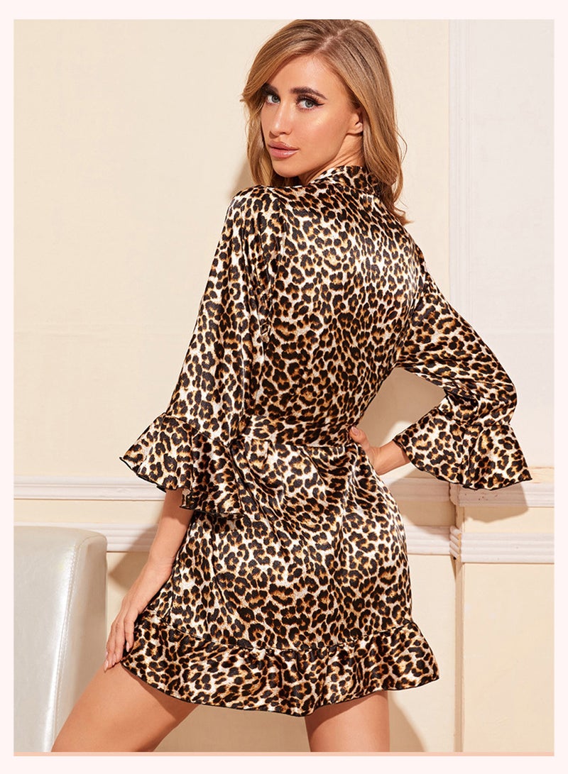 Moovant 4-Piece Women's Pajamas Nightwear Set, Leopard Printing Home Wear Clothes Suits Sleepwear, Silk Satin Bathrobe Set, Ladies Lingerie Robe Belt Underwear Panties Suits, Brown  - Image 3