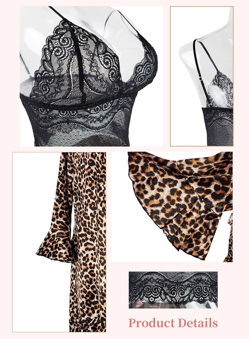 Moovant 4-Piece Women's Pajamas Nightwear Set, Leopard Printing Home Wear Clothes Suits Sleepwear, Silk Satin Bathrobe Set, Ladies Lingerie Robe Belt Underwear Panties Suits, Brown  - Image 4