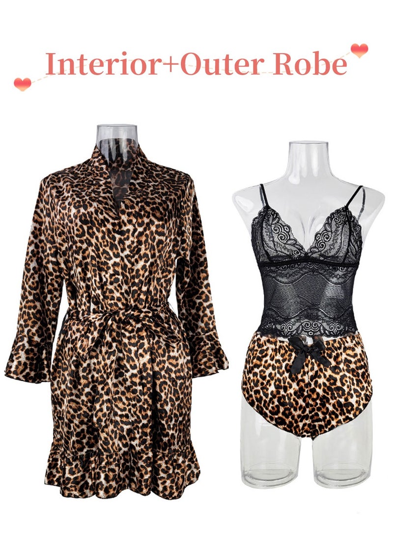 Moovant 4-Piece Women's Pajamas Nightwear Set, Leopard Printing Home Wear Clothes Suits Sleepwear, Silk Satin Bathrobe Set, Ladies Lingerie Robe Belt Underwear Panties Suits, Brown  - Image 2