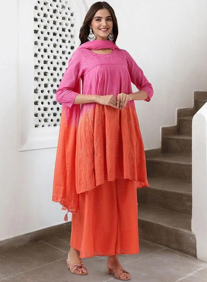 ISHIN  Orange cotton Embellished Pattern Straight Kurta Set for Women with Round Neck Neckline Three-Fourth Sleeves Calf length Upper Body Wear Tunic Full Length Bottom Body Wear Palazzo Elastic Closure - Perfect for Festive Occasions for Women | Best Price UAE