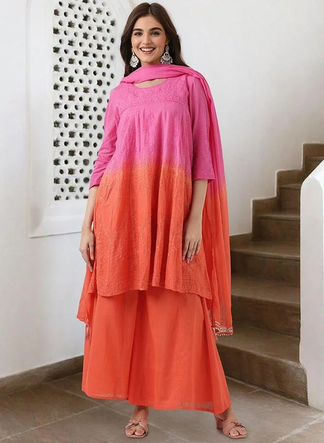 ISHIN  Orange cotton Embellished Pattern Straight Kurta Set for Women with Round Neck Neckline Three-Fourth Sleeves Calf length Upper Body Wear Tunic Full Length Bottom Body Wear Palazzo Elastic Closure - Perfect for Festive Occasions for Women | Best Price UAE