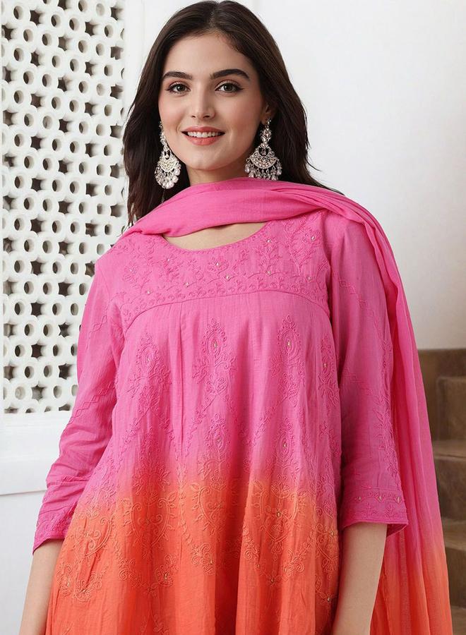 ISHIN Orange cotton Embellished Pattern Straight Kurta Set for Women with Round Neck Neckline Three-Fourth Sleeves Calf length Upper Body Wear Tunic Full Length Bottom Body Wear Palazzo Elastic Closure - Perfect for Festive Occasions - Image 1