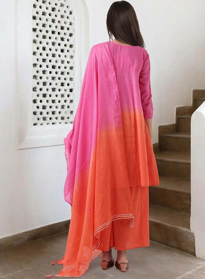 ISHIN  Orange cotton Embellished Pattern Straight Kurta Set for Women with Round Neck Neckline Three-Fourth Sleeves Calf length Upper Body Wear Tunic Full Length Bottom Body Wear Palazzo Elastic Closure - Perfect for Festive Occasions for Women | Best Price UAE