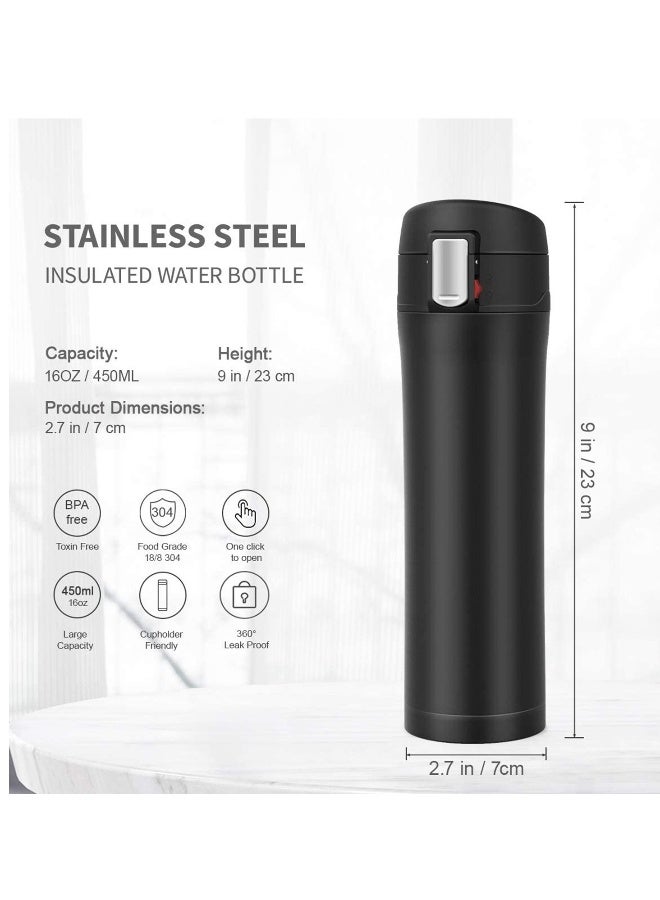 Double Walled Vacuum Flask Thermo, 450ml Stainless Steel Insulated Water Bottle, Flask for Hot and Cold Drinks, Travel Coffee Mug, Sports Water Bottle, Drinks Cup Black  - Image 4