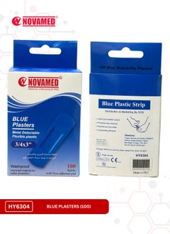 NOVAMED Blue Plasters: Metal Detachable, Flexible Plastic, 3/4x3", Washproof, 100 Sterile Patches with Non-Adherent Pad 