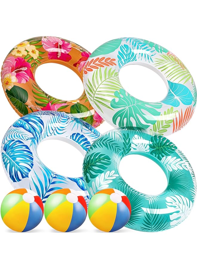 KASTWAVE Swimming Rings 7Pcs Luau Pool Floats Hawaiian Swimming Rings With 13.5" Beach Balls Inflatable Tubes Floaties Toys For Kids Adults - Image 1