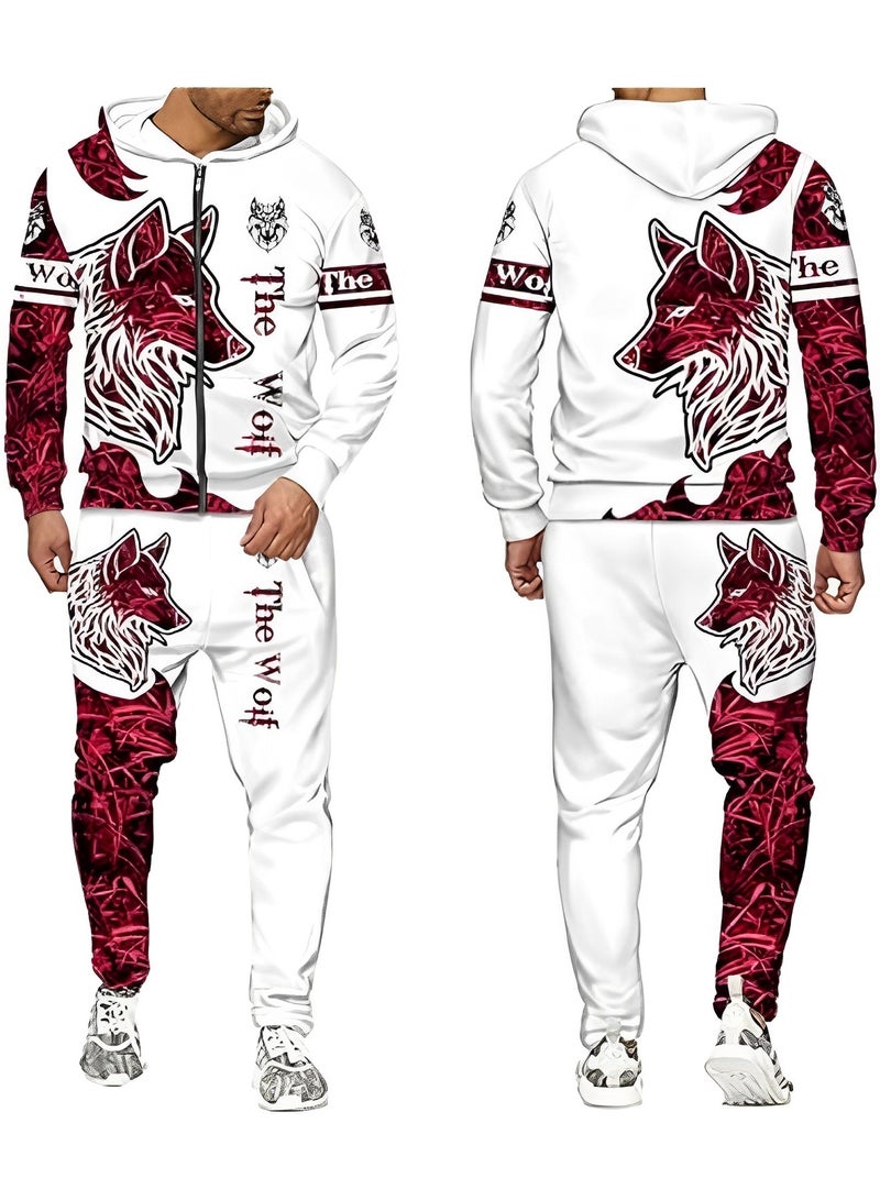 REOCLE Men's 2 Pcs Hoodie Set Sweatshirt Suit 3D Printed Long Sleeve Hoodie with Zipper Trackpant Casual Suit - Image 3