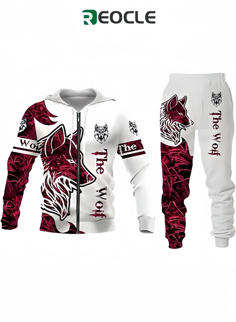 REOCLE Men's 2 Pcs Hoodie Set Sweatshirt Suit 3D Printed Long Sleeve Hoodie with Zipper Trackpant Casual Suit - Image 1