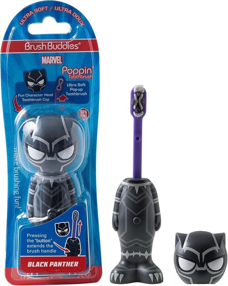 براش باديز فرشاة أسنان Marvel Black Panther للأطفال، شعيرات ناعمة ومستديرة، غطاء مميز على شكل بطل خارق، مقبض سهل الإمساك، تنظيف لطيف للأطفال الصغار والأطفال من عمر 2 سنة فما فوق، مناسبة للسفر، رعاية فموية صحية. - Image 1