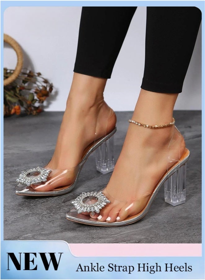 المرأة شفافة حجر الراين الكعب العالي المرأة Slingback وأشار اصبع القدم صنادل عالية الكعب المرأة كعب سميك عالية الكعب تنوعا تنفس لملابس خارجية مناسبة للحفلات والولائم - Image 1