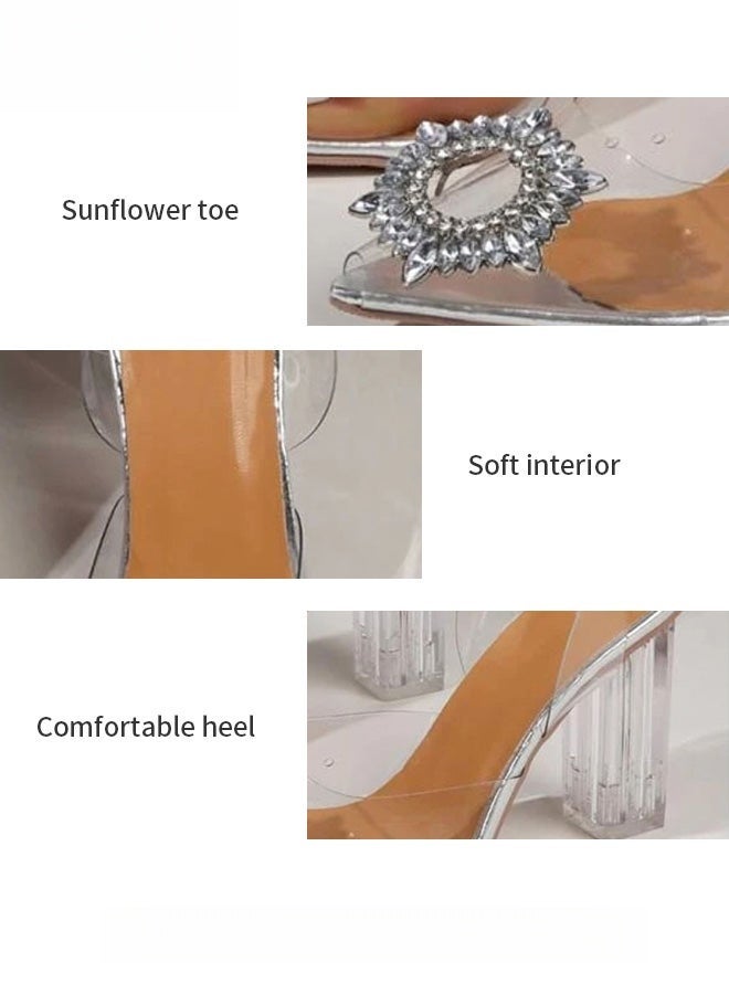 المرأة شفافة حجر الراين الكعب العالي المرأة Slingback وأشار اصبع القدم صنادل عالية الكعب المرأة كعب سميك عالية الكعب تنوعا تنفس لملابس خارجية مناسبة للحفلات والولائم - Image 3