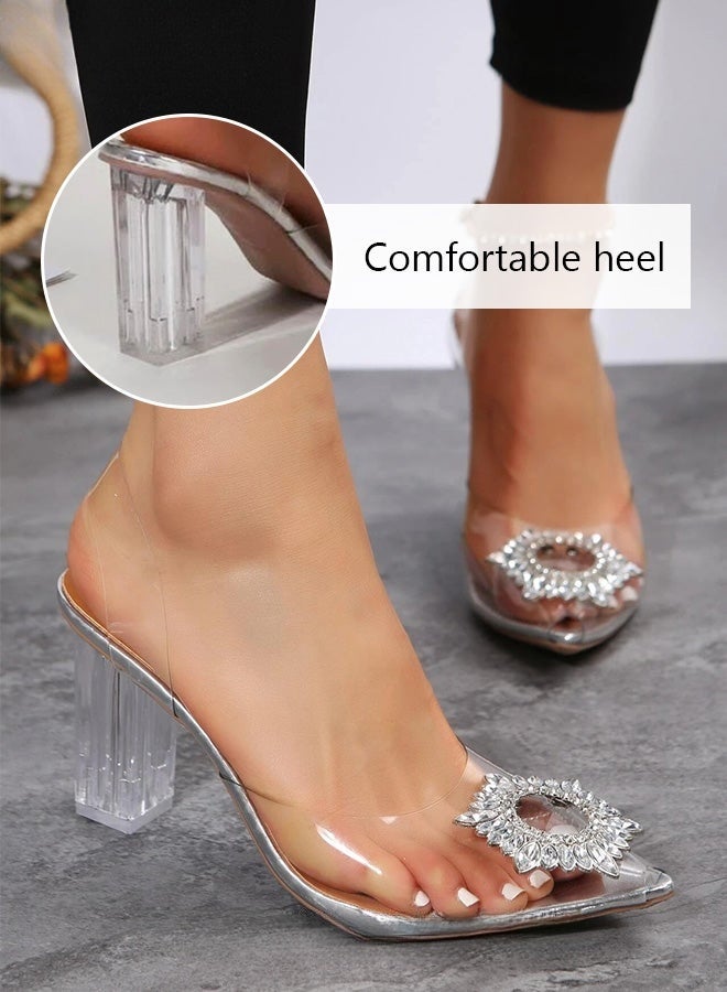 المرأة شفافة حجر الراين الكعب العالي المرأة Slingback وأشار اصبع القدم صنادل عالية الكعب المرأة كعب سميك عالية الكعب تنوعا تنفس لملابس خارجية مناسبة للحفلات والولائم - Image 4
