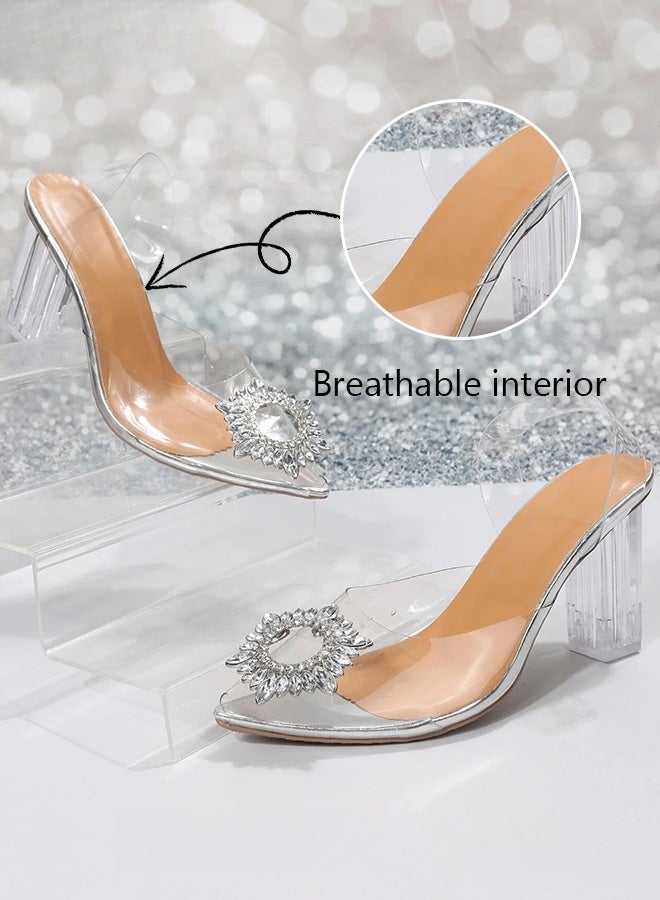 المرأة شفافة حجر الراين الكعب العالي المرأة Slingback وأشار اصبع القدم صنادل عالية الكعب المرأة كعب سميك عالية الكعب تنوعا تنفس لملابس خارجية مناسبة للحفلات والولائم - Image 5