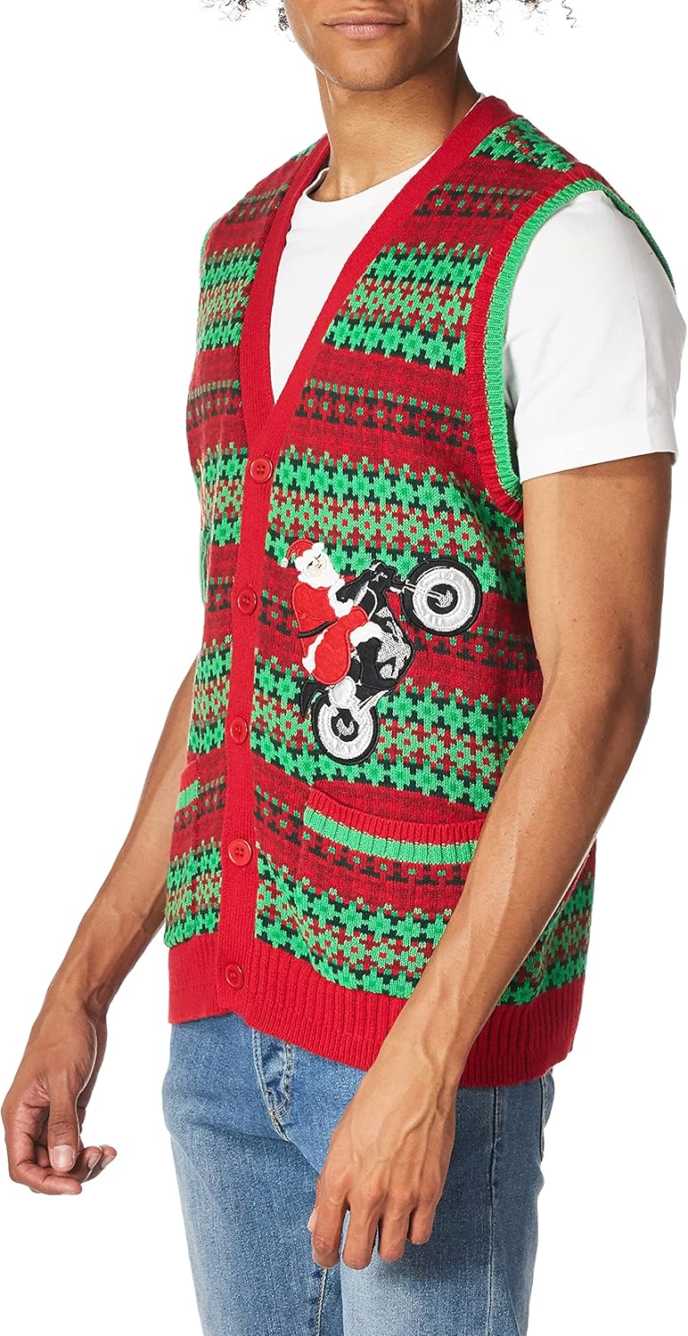 Blizzard Bay Men's Santa Motorcycle Cardi Vest - Red/Green - Image 2