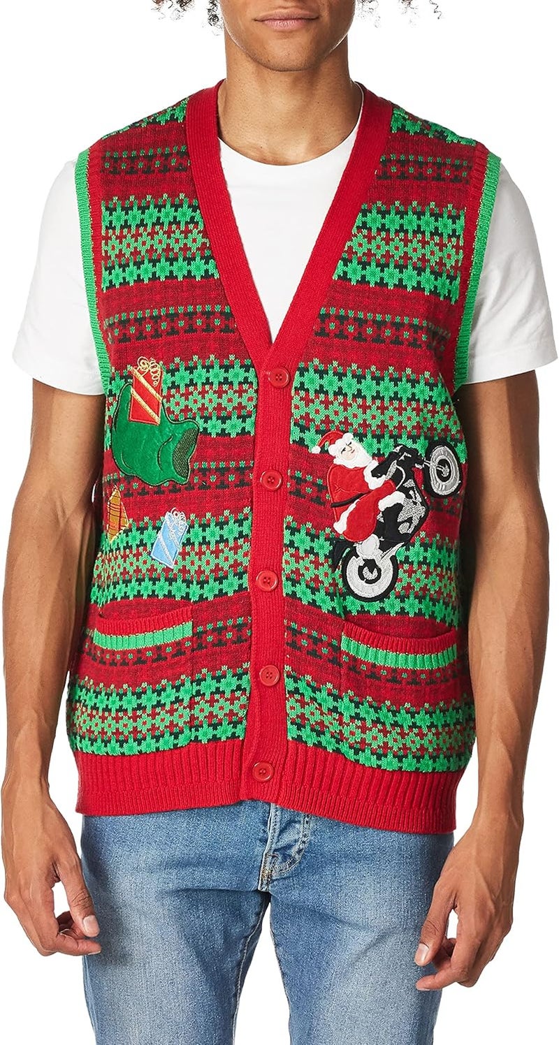 Blizzard Bay Men's Santa Motorcycle Cardi Vest - Red/Green - Image 1