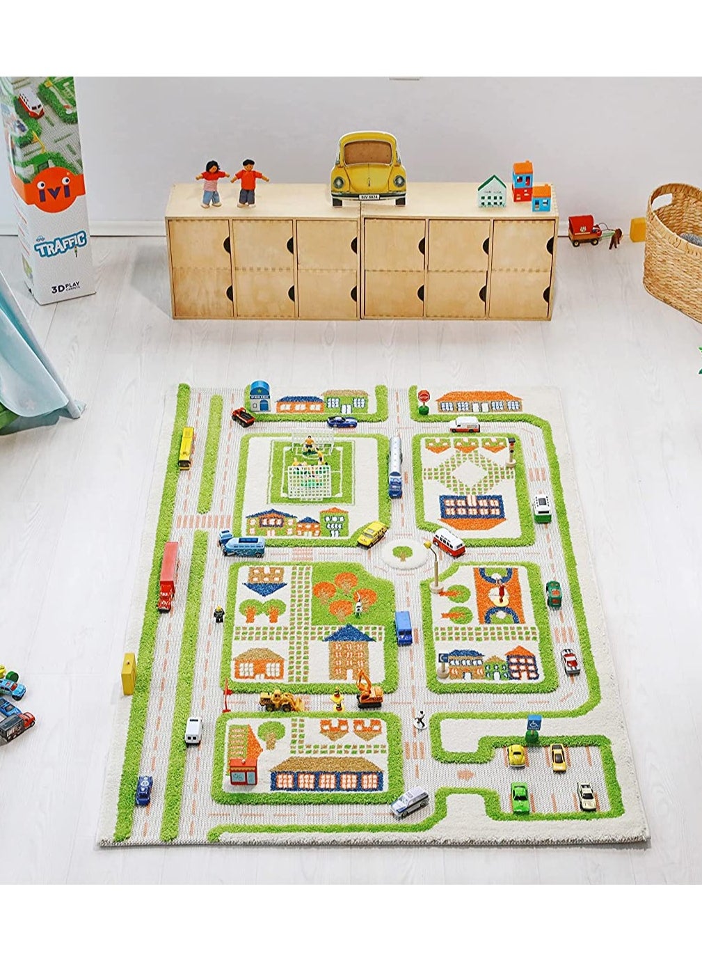 IVI 3D Play Carpet Traffic | Activity Playmat for Baby, Infants, Kids, Toddlers | Rug for Bedroom, Living Room, Nursery | Soft | Foldable | Portable | Non-Toxic | Green | 71" x 53" 