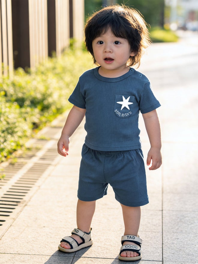 Babies Basic Premium Ribbed Cotton Short Sleeves T-shirt and Plain Shorts Set - Image 3