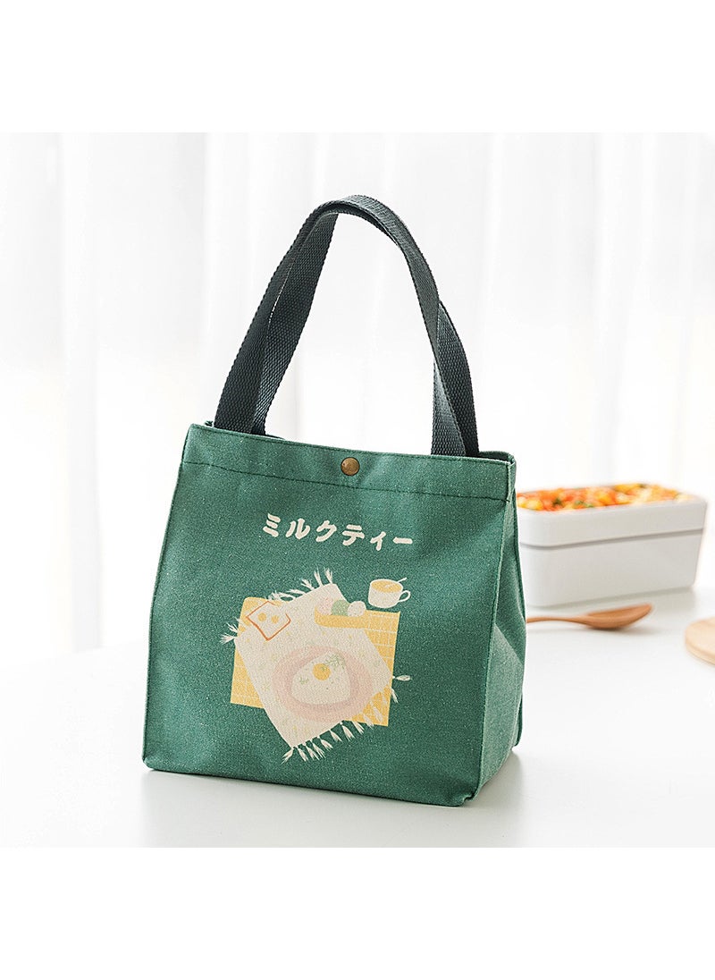 Generic Convenient Portable Canvas Bento Box Bag Thickened Insulated Lunch Japanese Style Wind Handheld Bento Box Bag Button-Square Green 