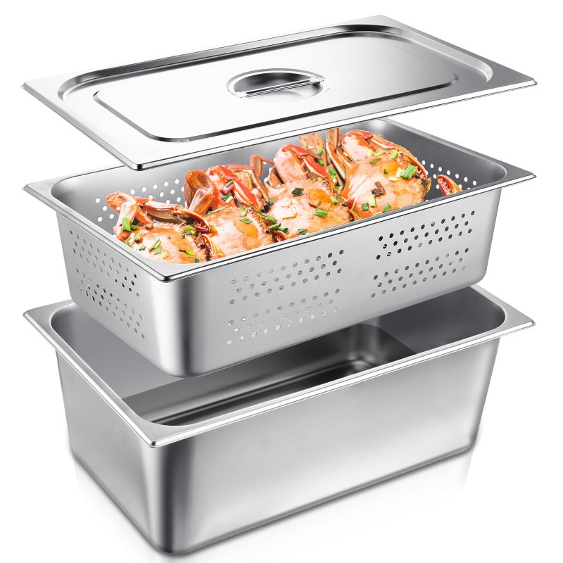 مجموعة فيرايكل 3 قطع حجم كامل 6 بوصة 8 بوصة صينية فندقية مع غطاء صينية بخار مثقبة لوازم المطاعم لمطبخ طاولة بخار للأطعمة الدافئة