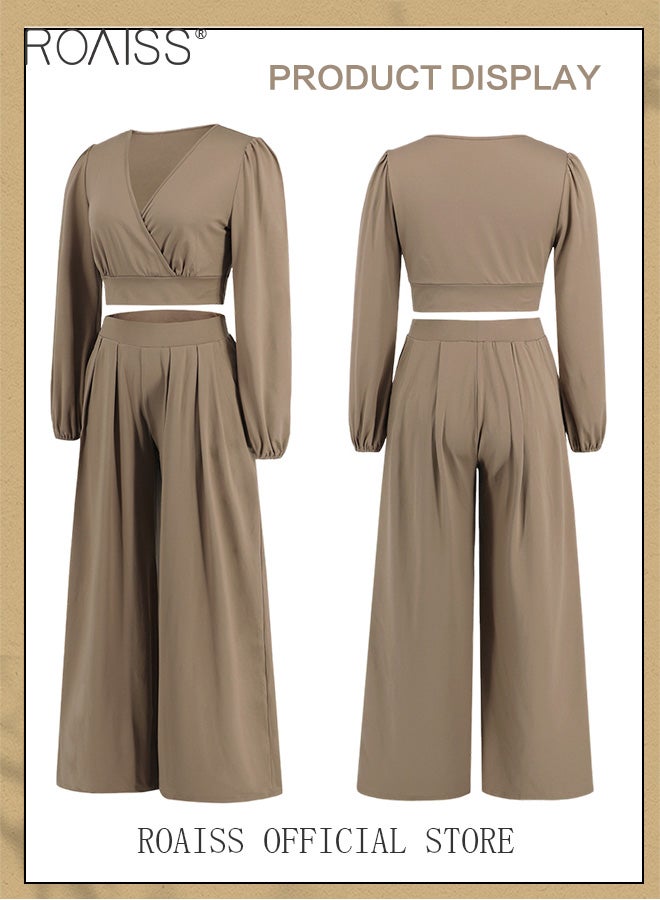 roaiss Women 2 Piece Suit V Neck Long Sleeve Crop Top & Loose Fit Wide Leg Flared Pants Classic and Timeless Solid Color Design Fashionable and Versatile for a Stylish Business Casual Look Loose Fit - Image 5