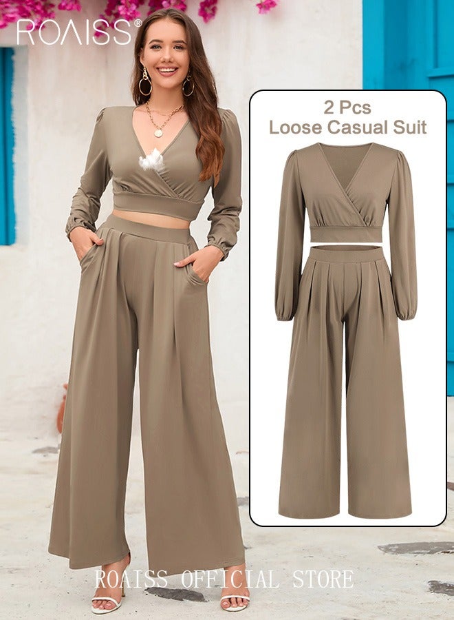 roaiss Women 2 Piece Suit V Neck Long Sleeve Crop Top & Loose Fit Wide Leg Flared Pants Classic and Timeless Solid Color Design Fashionable and Versatile for a Stylish Business Casual Look Loose Fit - Image 1