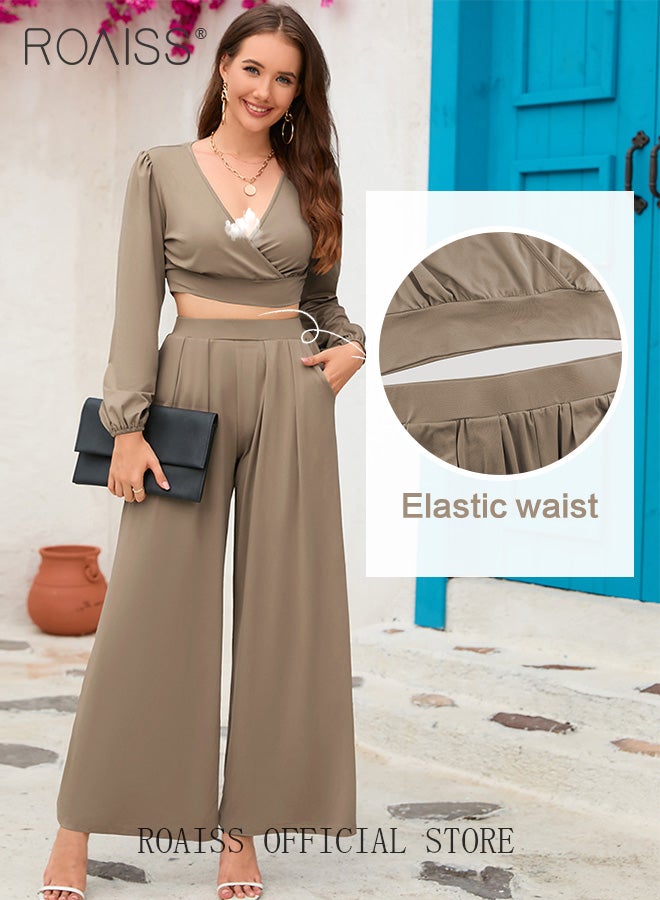 roaiss Women 2 Piece Suit V Neck Long Sleeve Crop Top & Loose Fit Wide Leg Flared Pants Classic and Timeless Solid Color Design Fashionable and Versatile for a Stylish Business Casual Look Loose Fit - Image 3