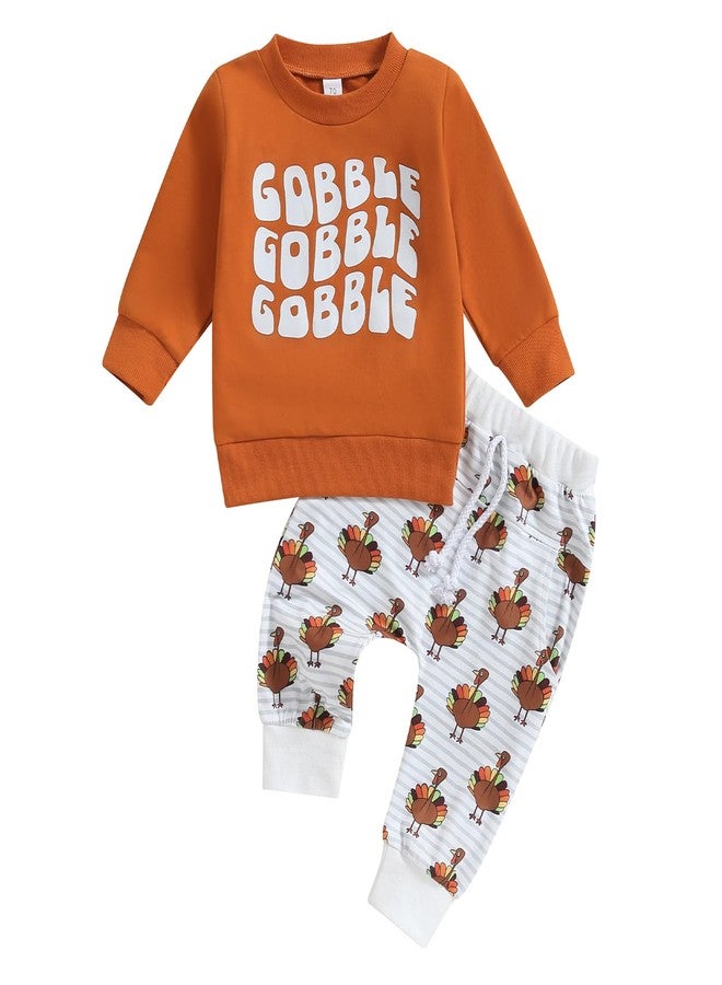 DNOMAID YZARC Toddler Baby Boy Thanksgiving Outfit Gobble Letters Long Sleeve Sweatshirt Turkey Print Pants Set 2Pcs Clothes (orange, 2-3 Years) - Image 1