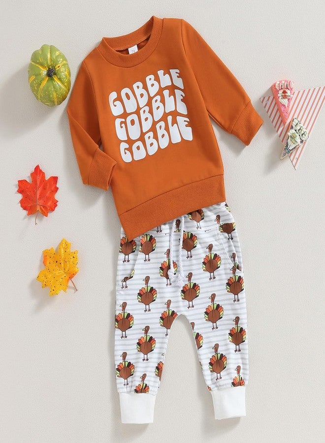 DNOMAID YZARC Toddler Baby Boy Thanksgiving Outfit Gobble Letters Long Sleeve Sweatshirt Turkey Print Pants Set 2Pcs Clothes (orange, 2-3 Years) - Image 2