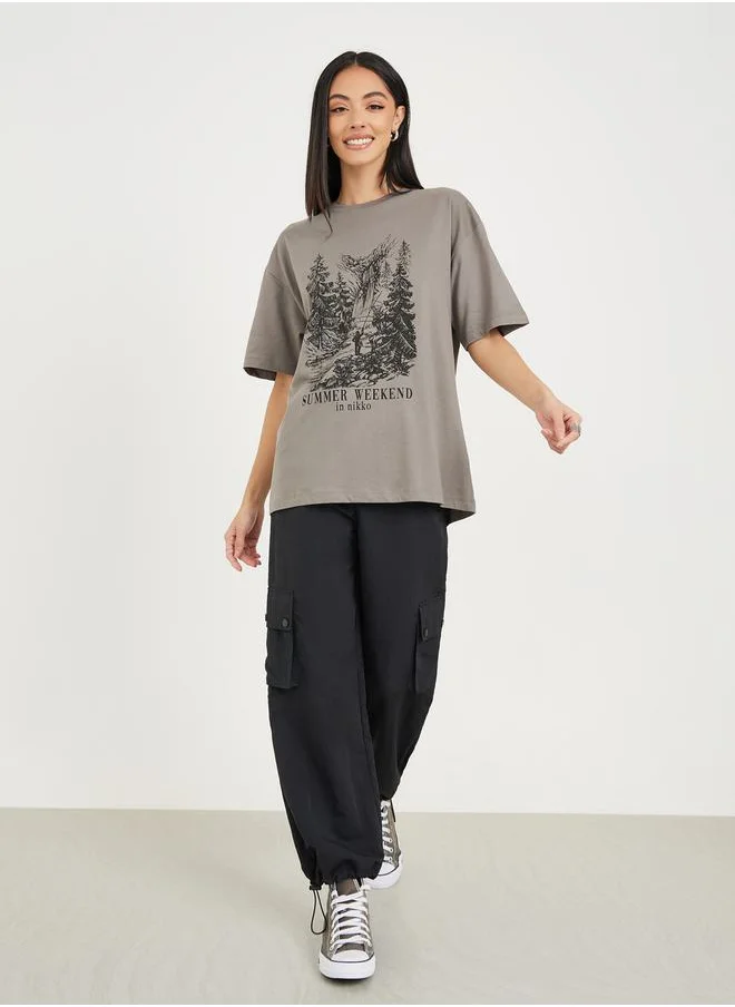 Styli Oversized Graphic Print Longline T-Shirt