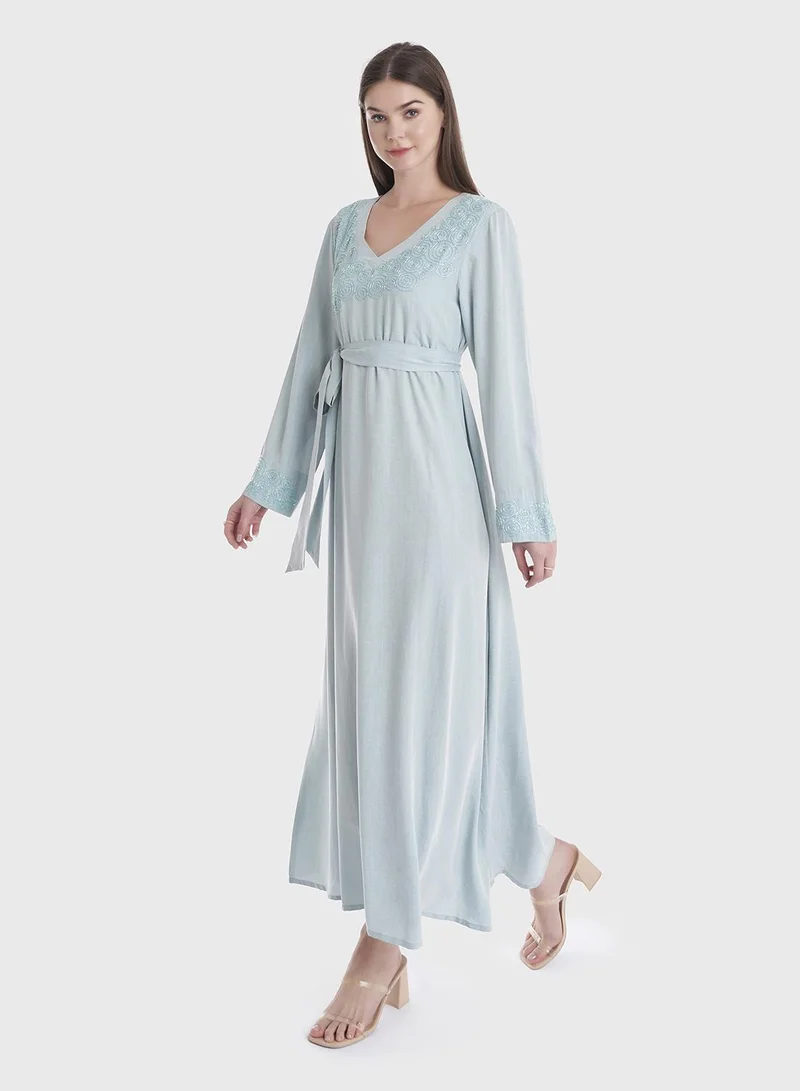 KASHKHA Embroidered Waist-Tie Dress