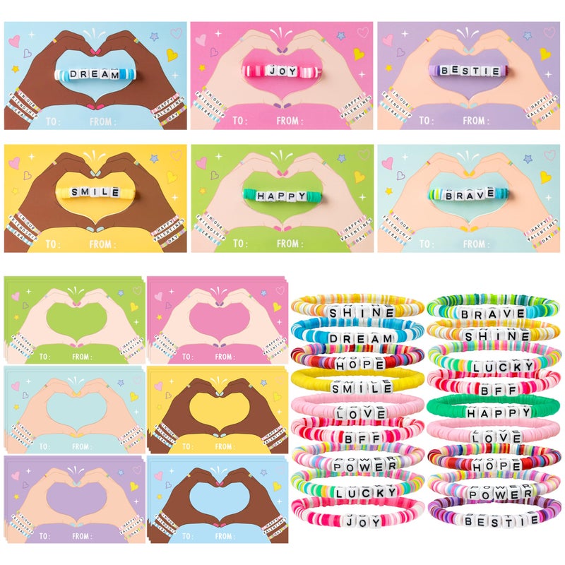 CPicdn 24 Pack Valentines Day Friendship Bracelets Card Gifts Set Friendship Clay Beads Bracelet with Card Kids School Classroom Prizes Exchange Gift Valentines Party Favors Supplies - Image 3