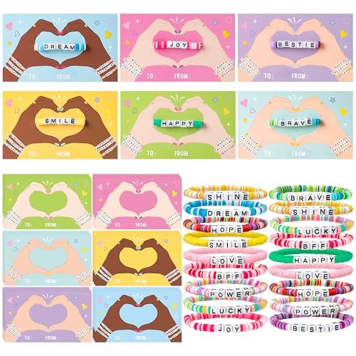 CPicdn 24 Pack Valentines Day Friendship Bracelets Card Gifts Set Friendship Clay Beads Bracelet with Card Kids School Classroom Prizes Exchange Gift Valentines Party Favors Supplies - Image 1