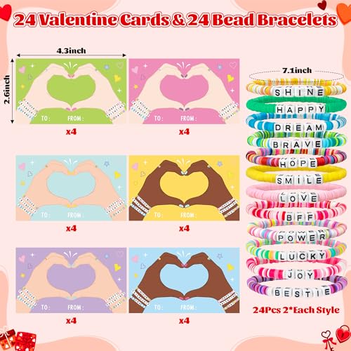 CPicdn 24 Pack Valentines Day Friendship Bracelets Card Gifts Set Friendship Clay Beads Bracelet with Card Kids School Classroom Prizes Exchange Gift Valentines Party Favors Supplies - Image 5