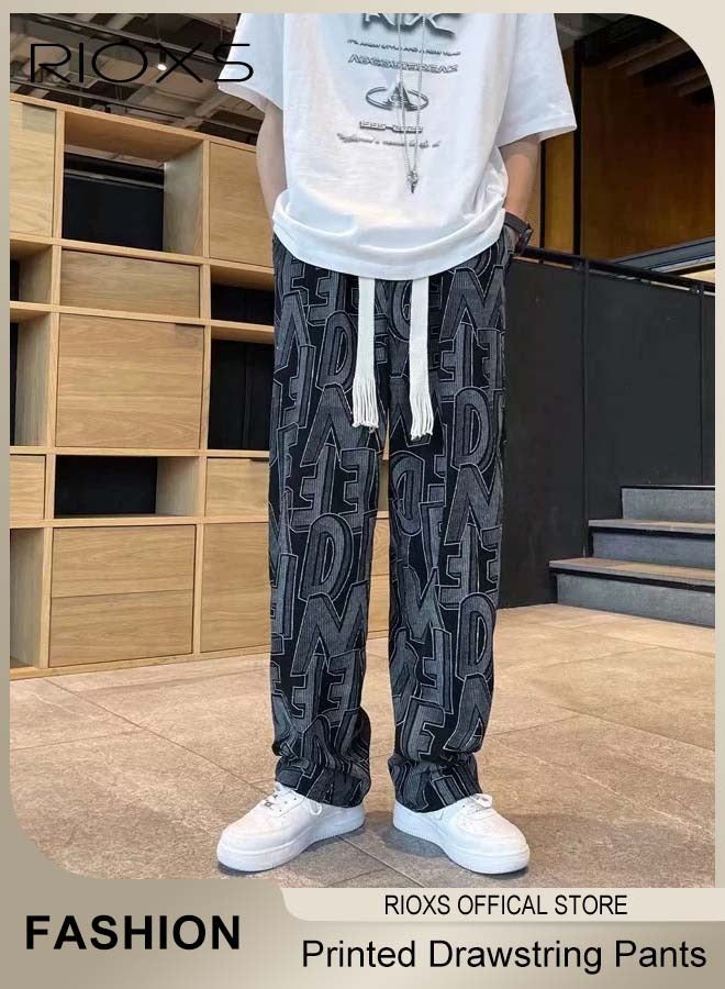 RIOXS Men's Casual Pants,Printed Wide Leg Trousers For Men,Drawstring Elastic High Waist Pants,Streetwear Mopping Trousers,Loose Breathable Pants with Pockets  - Image 2