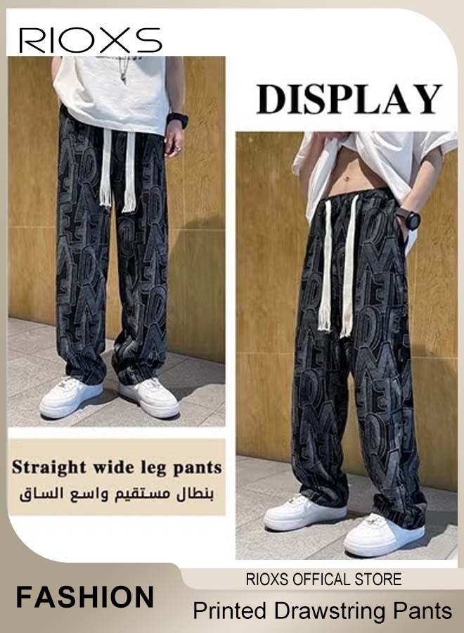 RIOXS Men's Casual Pants,Printed Wide Leg Trousers For Men,Drawstring Elastic High Waist Pants,Streetwear Mopping Trousers,Loose Breathable Pants with Pockets  - Image 3