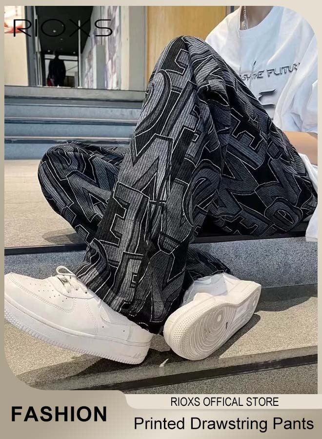 RIOXS Men's Casual Pants,Printed Wide Leg Trousers For Men,Drawstring Elastic High Waist Pants,Streetwear Mopping Trousers,Loose Breathable Pants with Pockets  - Image 4