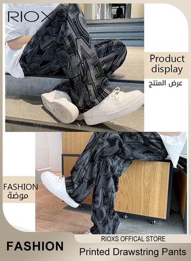 RIOXS Men's Casual Pants,Printed Wide Leg Trousers For Men,Drawstring Elastic High Waist Pants,Streetwear Mopping Trousers,Loose Breathable Pants with Pockets  - Image 5
