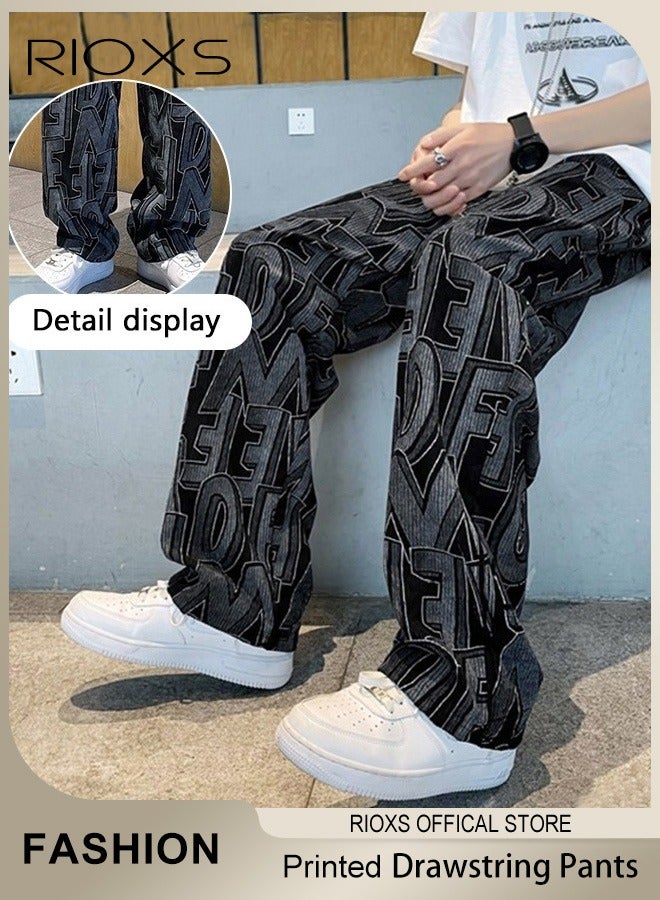 ريوكس بنطال رياضي رجالي واسع وواسع الساقين، بنطال رياضي فضفاض مطبوع بحروف مع جيوب جانبية، بنطال جري مريح بخصر مطاطي ورباط، بنطال كاجوال مستقيم ومقاوم للتجعد بأسفل مفتوح، بنطال رياضي جاهز للصالة الرياضية، بنطال رياضي سريع الجفاف للأنشطة الترفيهية والخارجية - Image 2