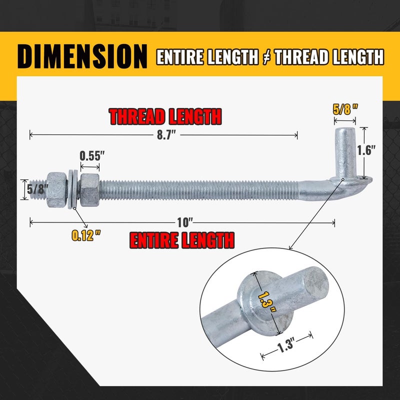 VIVIDA 10" J Bolt Gate Hinge 4 Pack, Chain Link Gate Bolt Hinge with 5/8" Male Pin, Galvanized Steel, Nuts & Washers Included - Image 2
