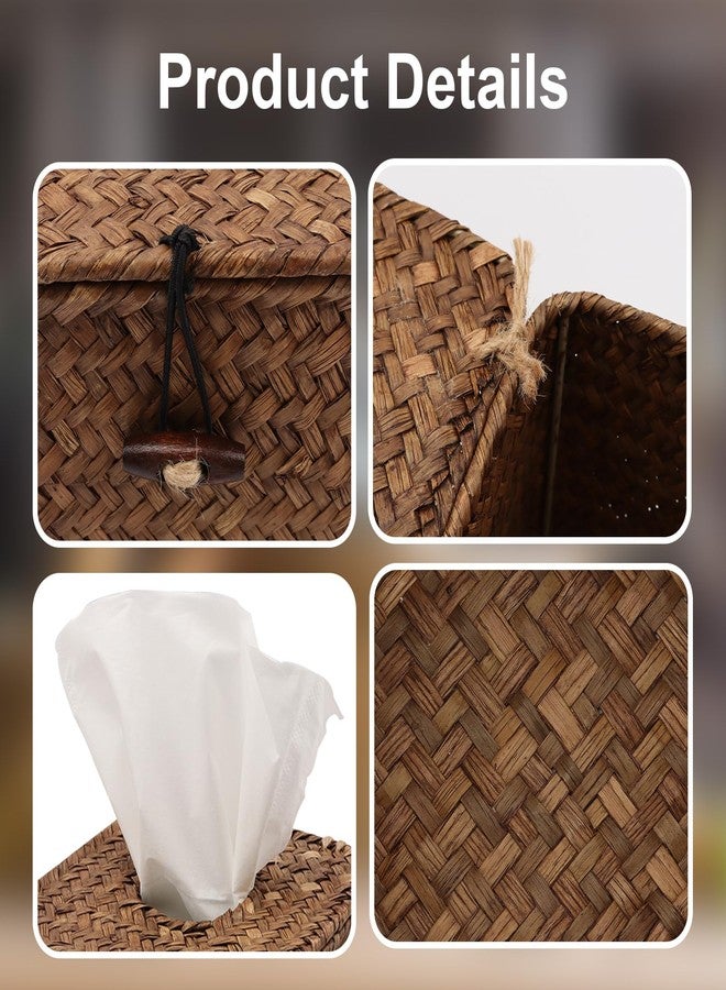 Shonmogar Tissue Box Cover Square Seagrass Tissue Box with Lid, Woven Tissue Box Holder, Wicker Tissue Holder for Bathroom Toilet Living Room Bedroom Kitchen Table Office Car, Coffee - Image 2